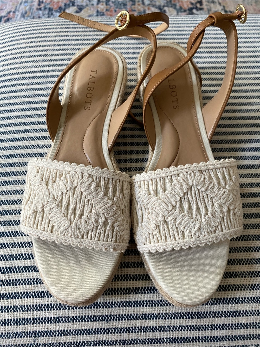 Talbots Cream Braided Espadrille Wedge Sandals with Tan Ankle Straps